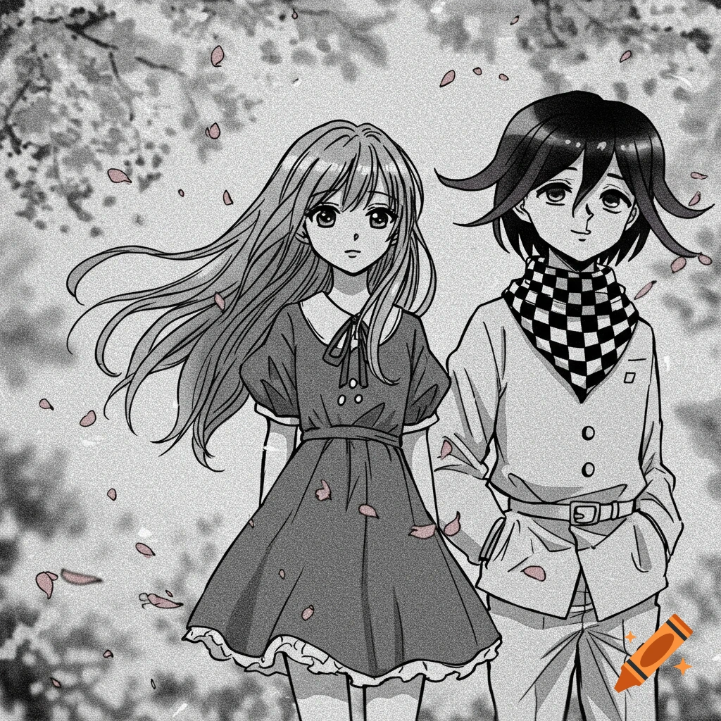 A black and white manga-style image of a girl with long hair and Kokichi Oma standing among falling petals.