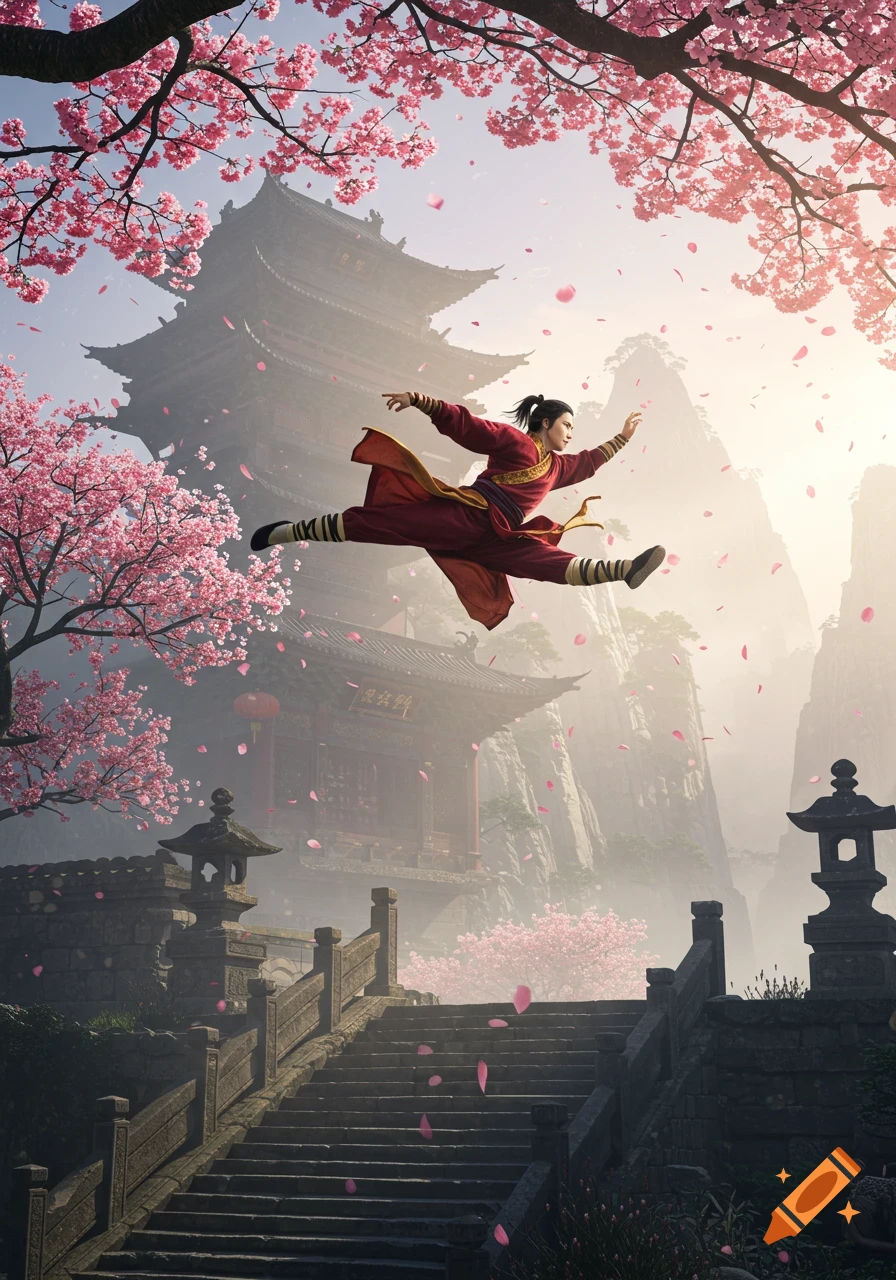 A person in red robes leaps in a kung fu pose amidst cherry blossoms and ancient Asian temples. Photorealistic.
