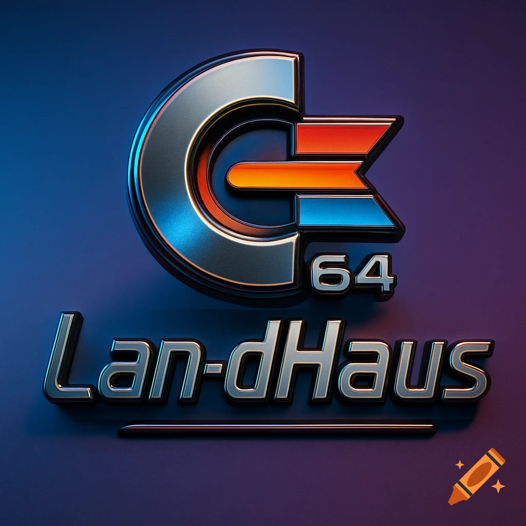 A 3D metallic logo featuring a large 'C' with '64' and 'Lan-dHaus' text, on a blue and purple gradient background.