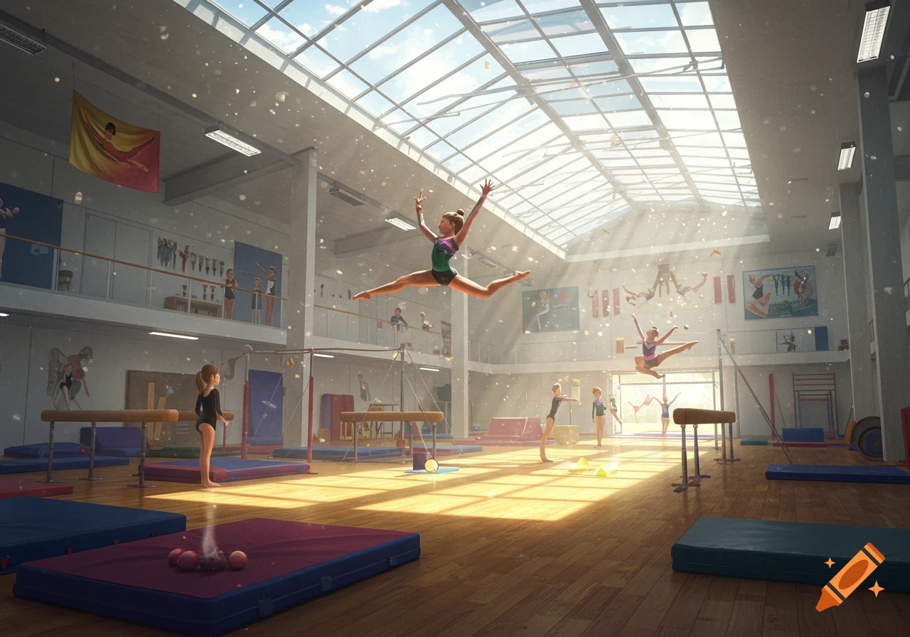 Young gymnasts perform in a sunlit academy with high ceilings and skylights. One gymnast leaps high in a split, others stand on mats and equipment.
