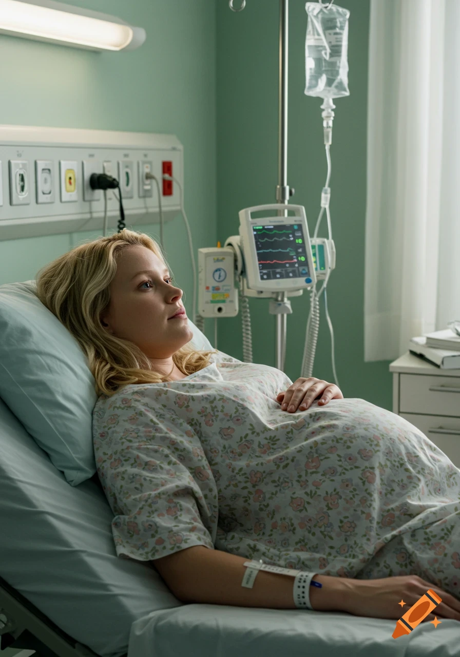 A photorealistic image of a pregnant blonde woman lying in a hospital bed with medical equipment beside her.
