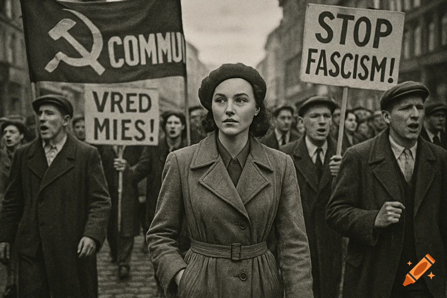 A black and white, grainy photo of a 1940s communist protest with a serious-faced woman in the foreground, and people holding signs, including "STOP FASCISM!"