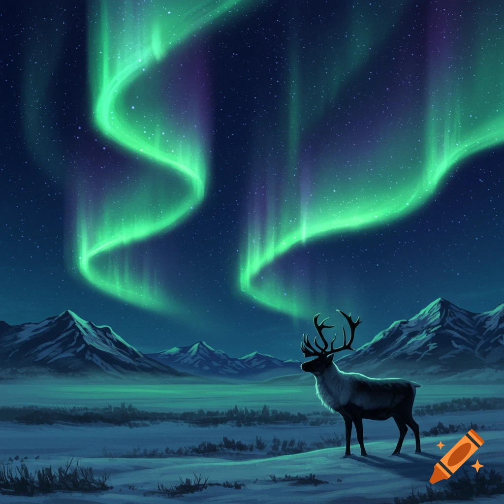 A majestic reindeer stands in a snowy valley under a vibrant green and purple aurora borealis with distant mountains.