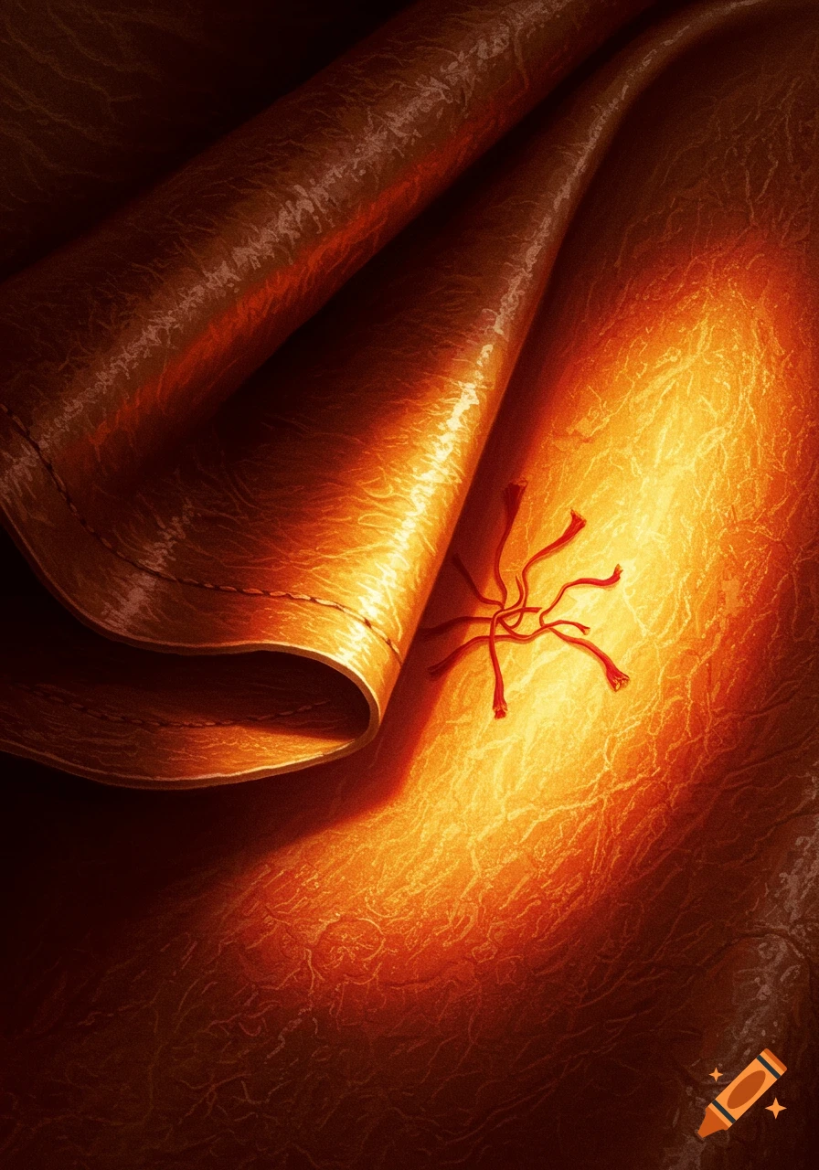 Close-up of golden-brown textured fabric, possibly leather, with a warm glow and red saffron threads.