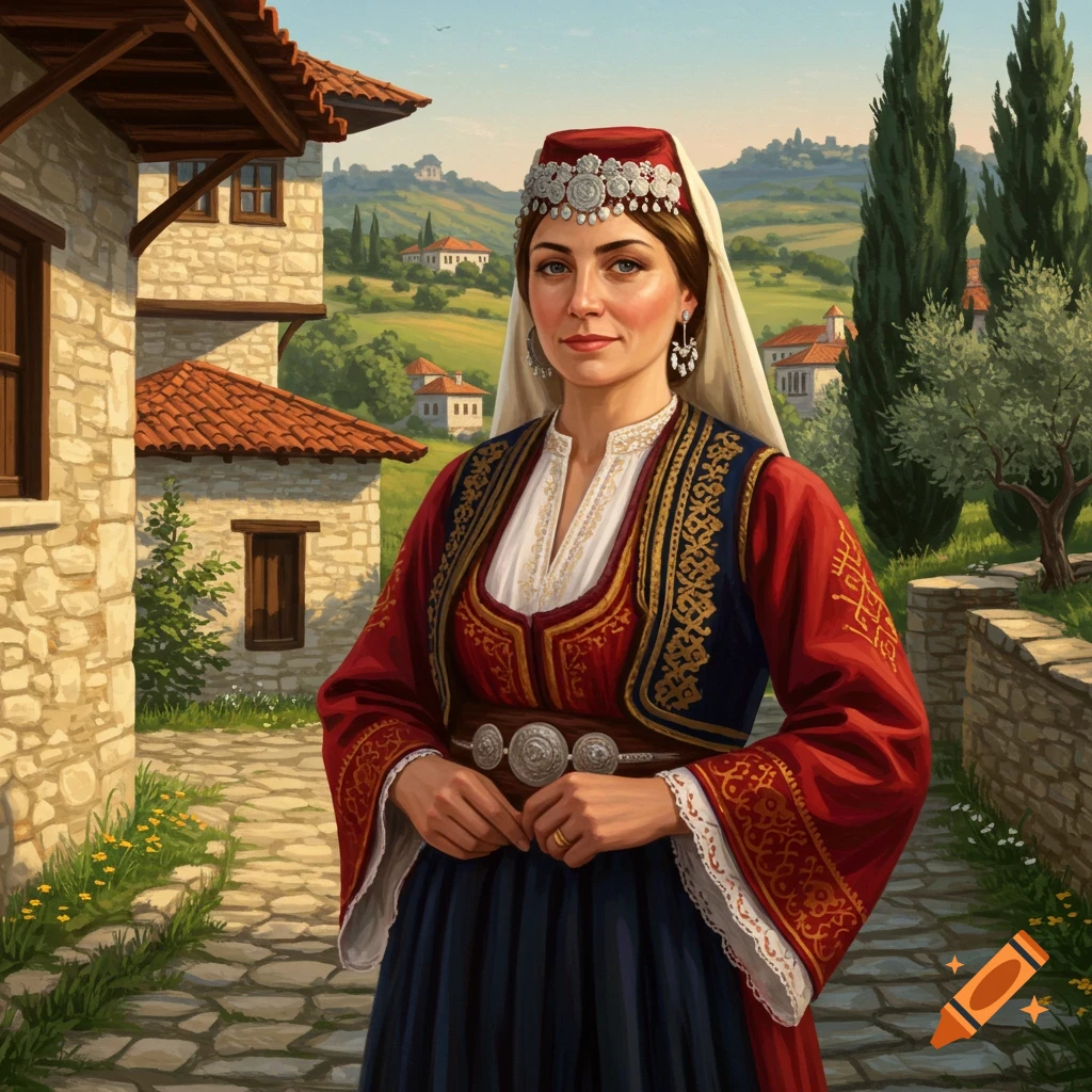 A woman in traditional Albanian attire with a red hat, embroidered vest, and dark skirt stands on a cobblestone path in a village.