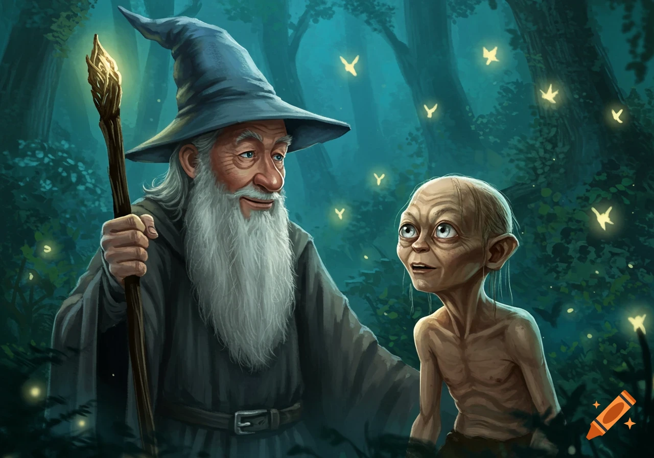 Gandalf and Gollum face each other in an enchanting, glowing forest, painted in a stylized fantasy illustration.