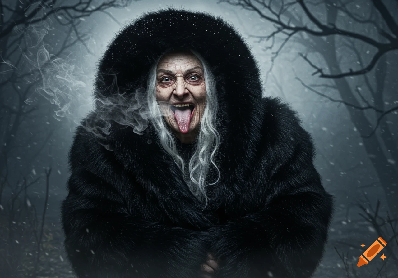 Photorealistic image of an evil old horror witch with white hair, wide eyes, and her tongue sticking out, wearing a black fur coat in a snowy forest.