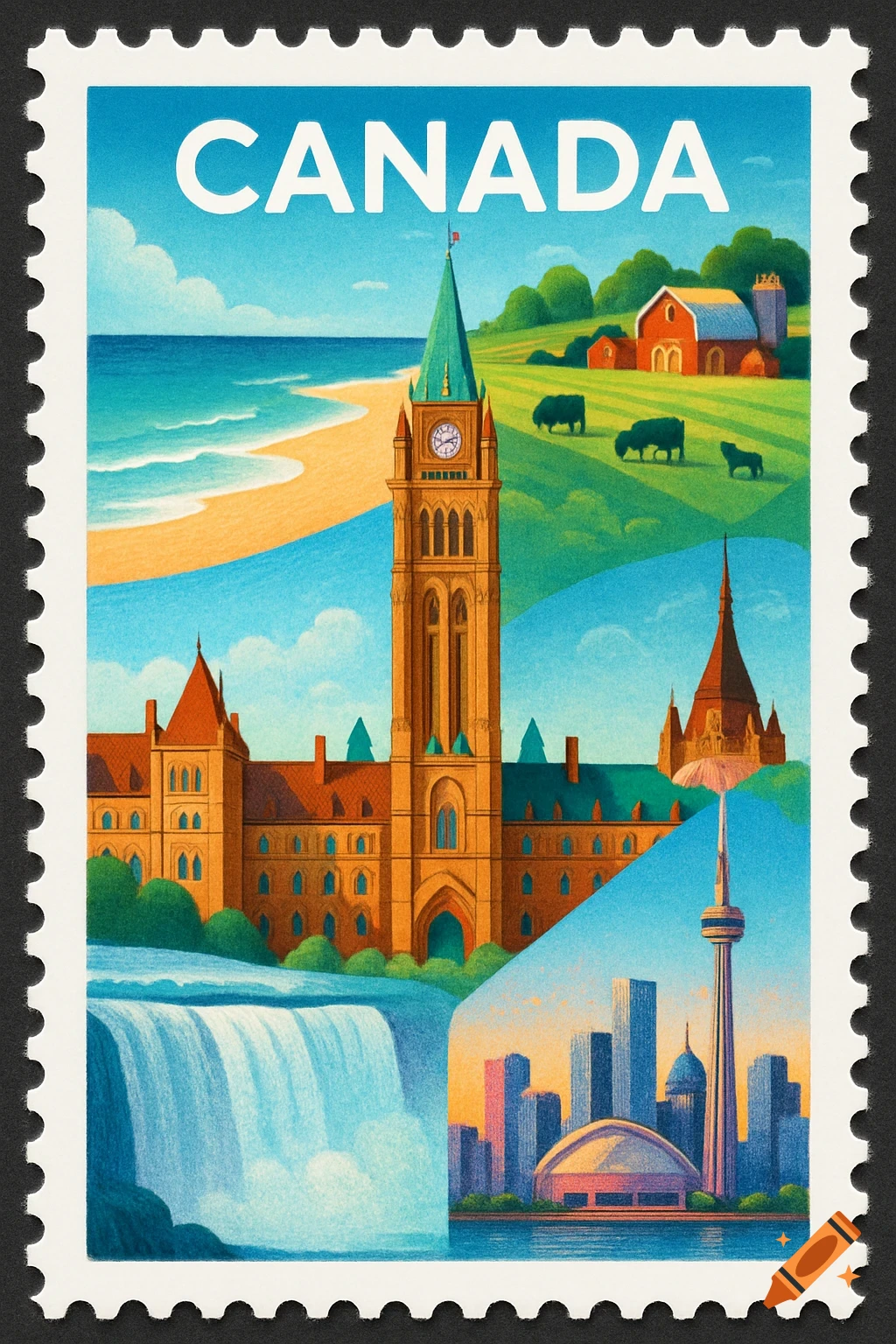 A stylized postage stamp depicting Canadian landmarks and scenery including a beach, farm, Parliament Hill, Niagara Falls, and the Toronto skyline, with 'CANADA' at the top.