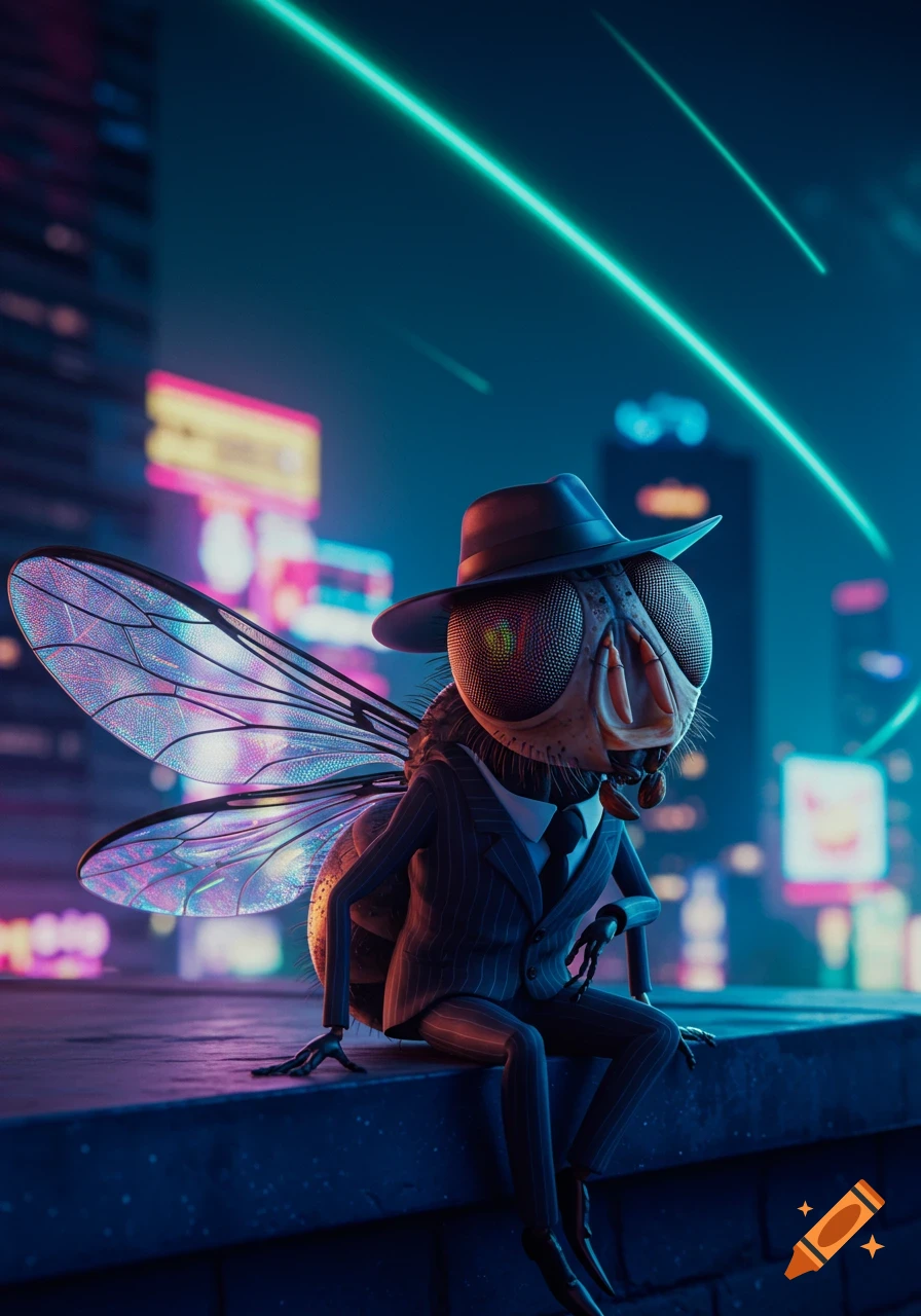 An anthropomorphic fly in a pinstripe suit and fedora sits on a city rooftop at night, surrounded by neon lights and glowing streaks.