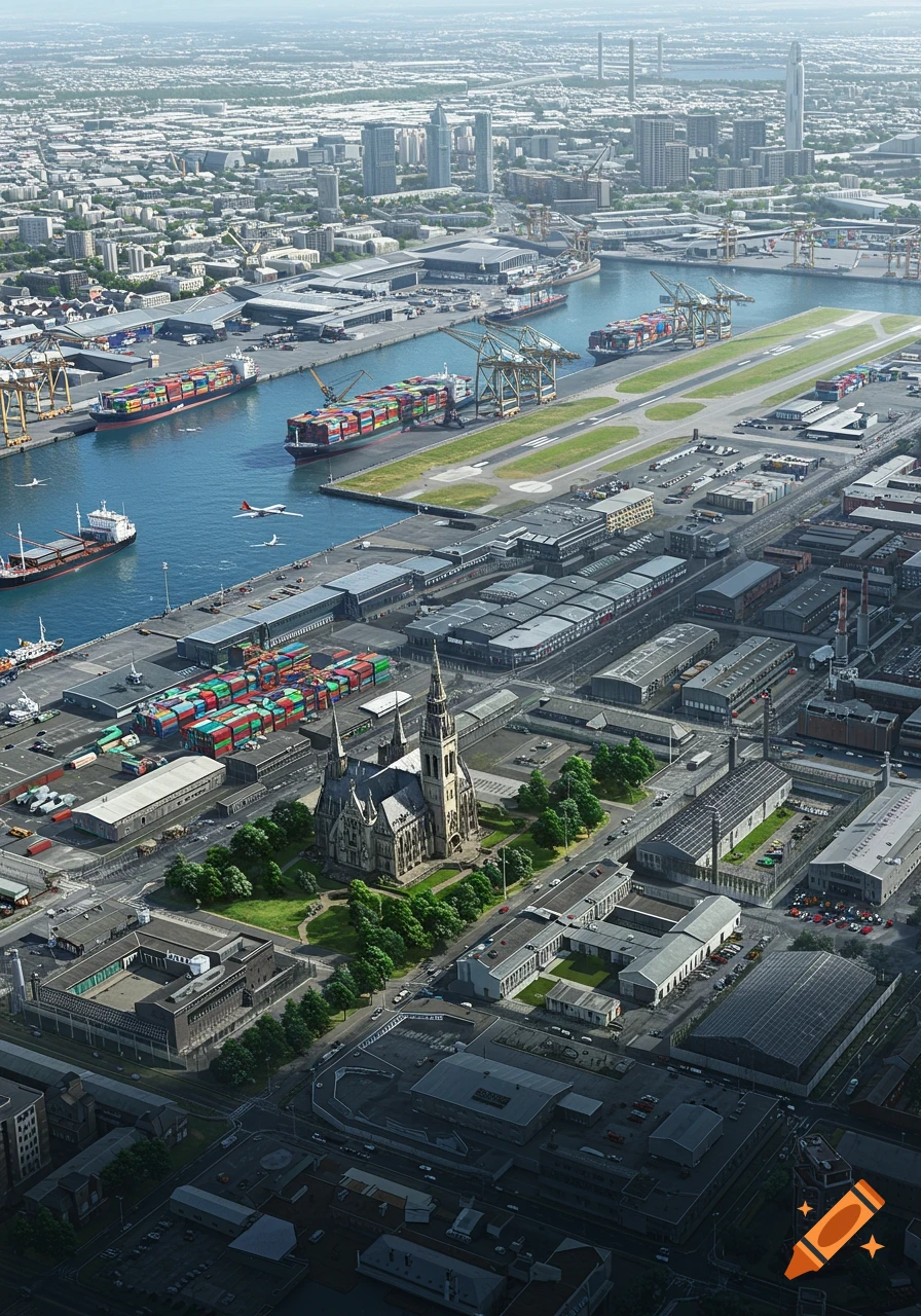 A high aerial view of a large city featuring a busy seaport with cargo ships and cranes, an airport runway, and a prominent gothic cathedral amidst various urban buildings and infrastructure.