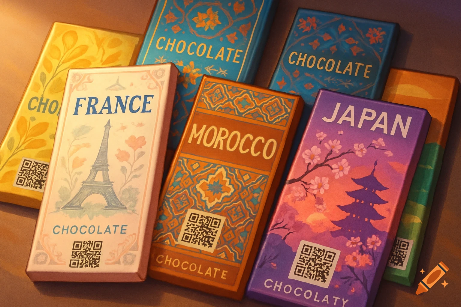An overhead view of several colorful chocolate bars. Each bar is themed after a country, including France with the Eiffel Tower, Morocco with intricate patterns, and Japan with a pagoda and cherry blossoms. Each bar also features a stylized QR code.