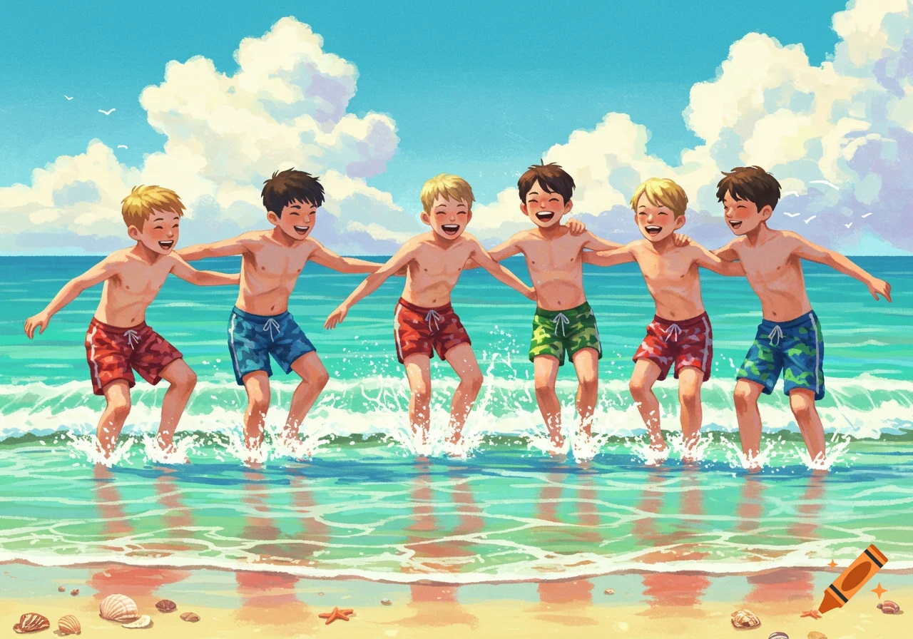Six smiling boys in swim trunks splashing in the shallow ocean water on a sunny beach, illustrated in a cheerful style.