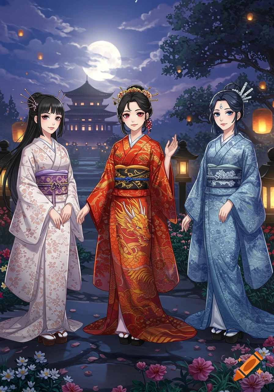 Three anime women in elegant kimonos stand in a traditional Japanese garden at night under a full moon, with a temple and lanterns in the background.
