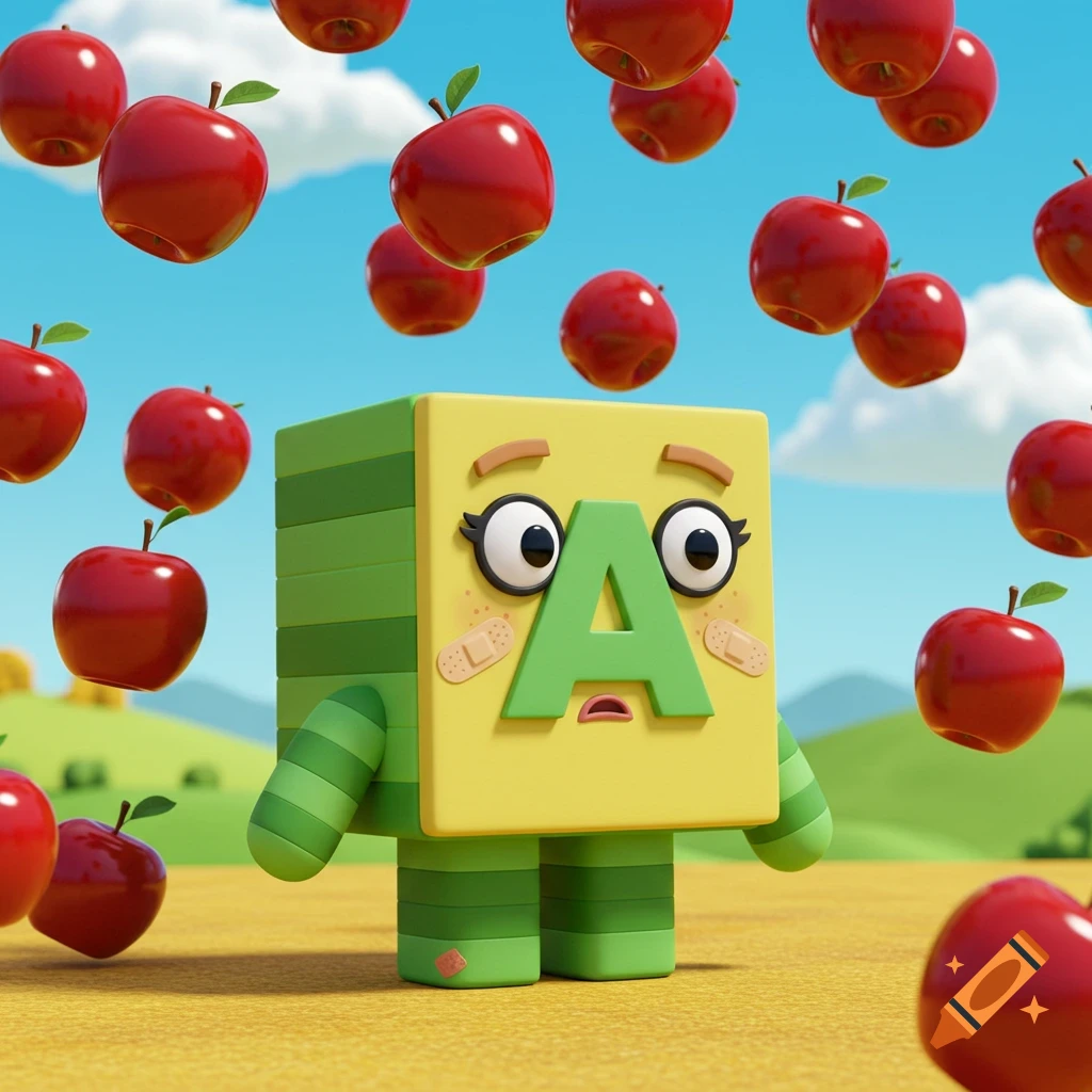 A 3D cartoon character of the letter A, yellow and green with big eyes and bandages, stands as red apples rain down around it.