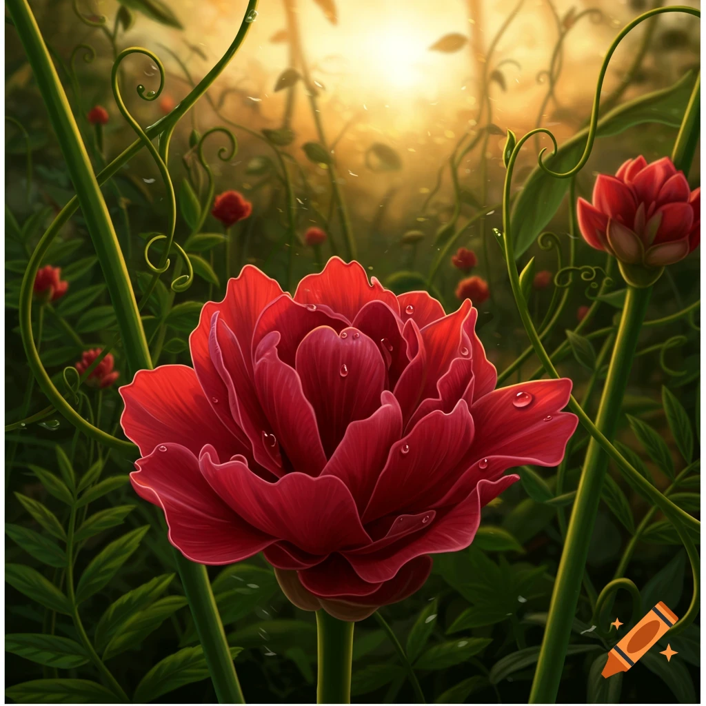 A vibrant red flower with dew drops in a lush green garden, illuminated by warm sunlight filtering through the foliage.