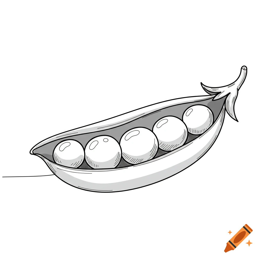 A black and white line drawing of an open pea pod containing five round peas.