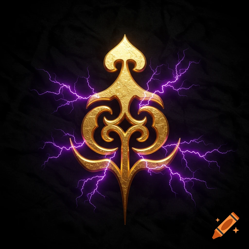 Ornate golden symbol surrounded by purple lightning on a dark background.