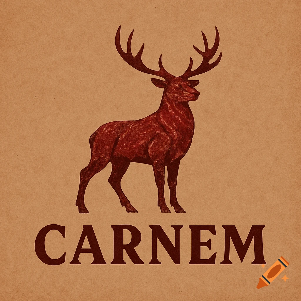 A rustic logo featuring a stylized red deer with antlers standing over the word CARNEM, on a brown textured background.