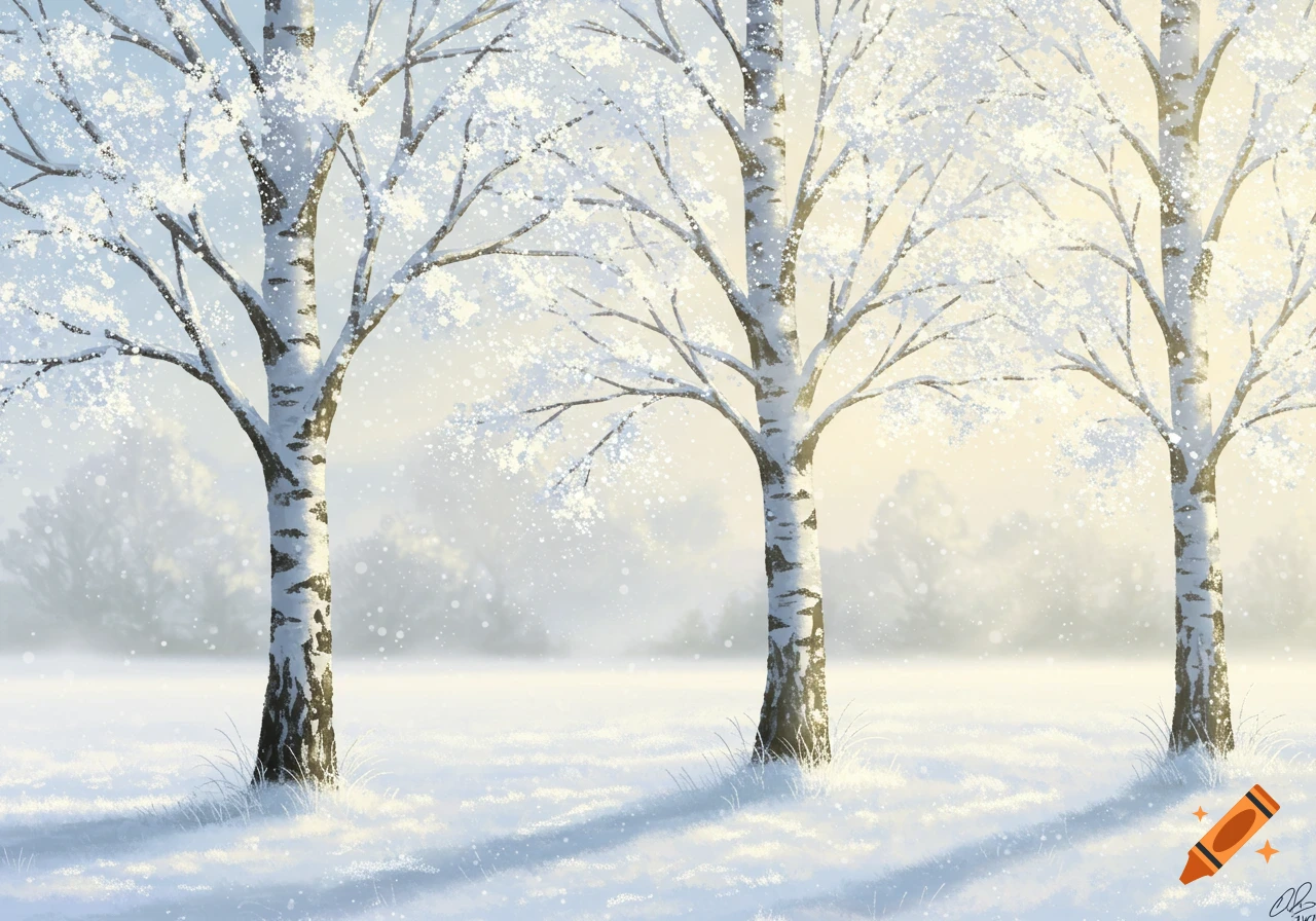Digital painting of three snow-covered birch trees in a winter landscape with falling snow and soft sunlight.