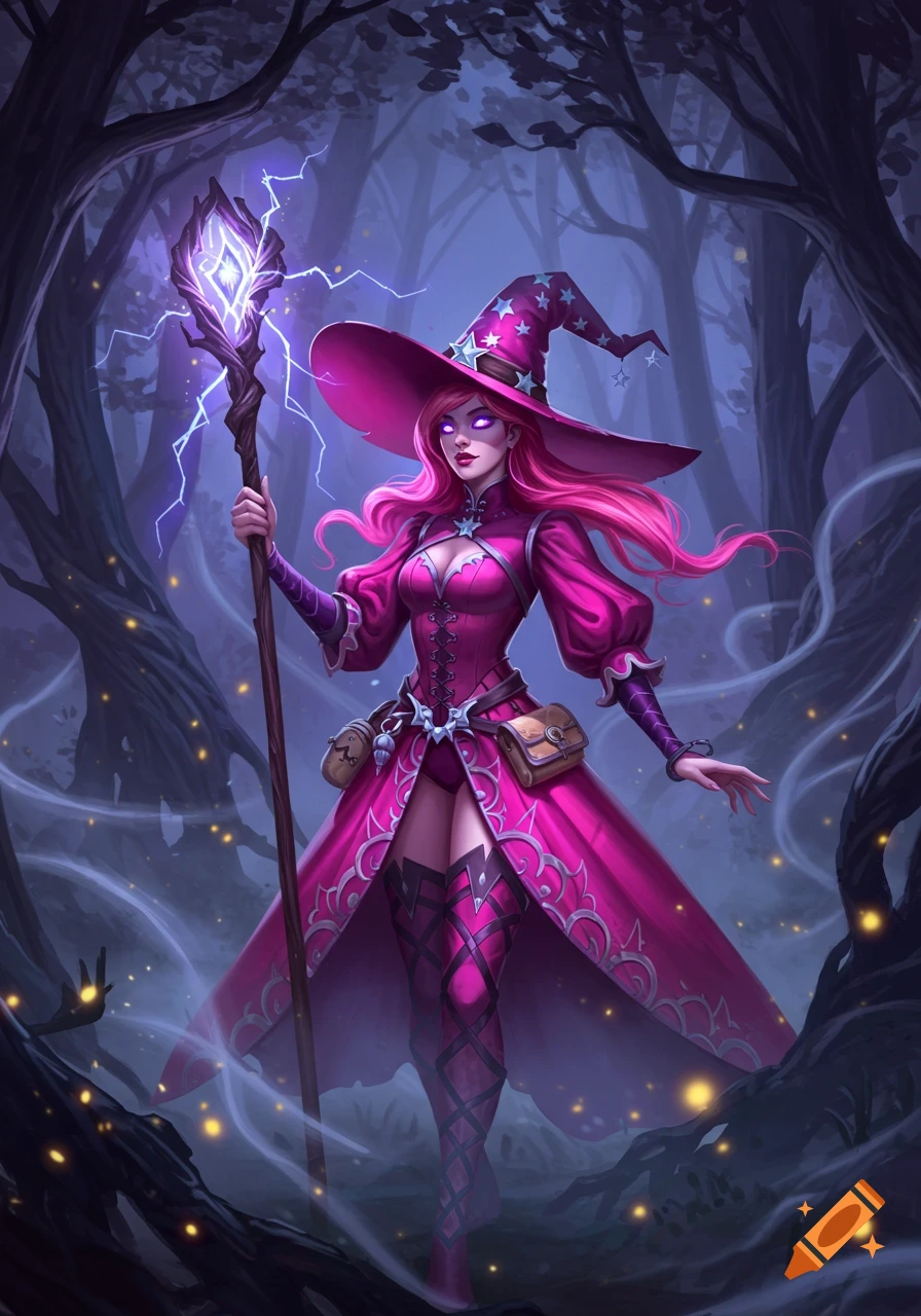A vibrant pink-haired witch in a fuchsia dress and hat holds a glowing staff in a dark, misty forest, digital art style.