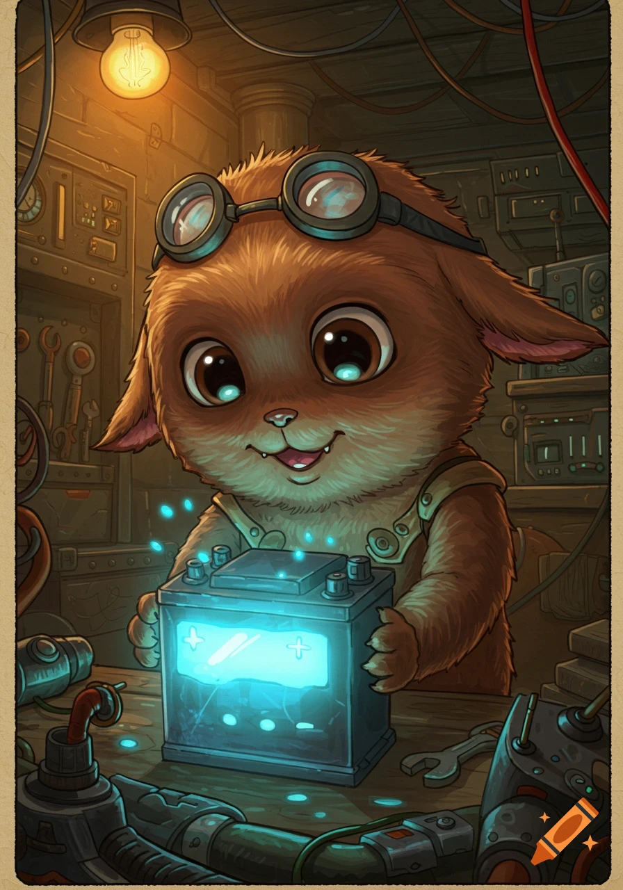 A cute, fluffy, brown creature with goggles holds a glowing blue car battery in a detailed steampunk workshop.