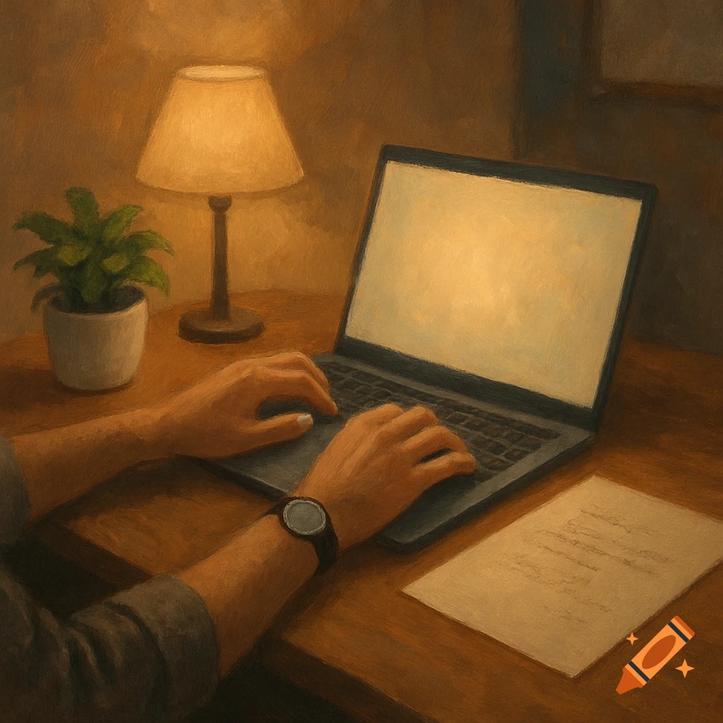 Oil painting of hands typing on a laptop at a desk with a plant, lamp, and paper, illuminated by a warm light.