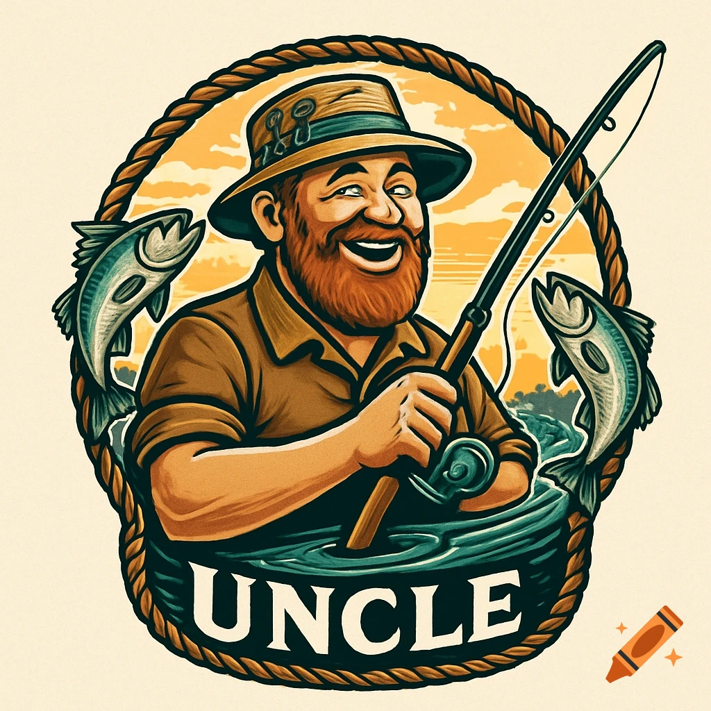 A cartoon fishing logo features a smiling bearded man in a hat holding a rod, with two fish and 'UNCLE' text, framed by rope.