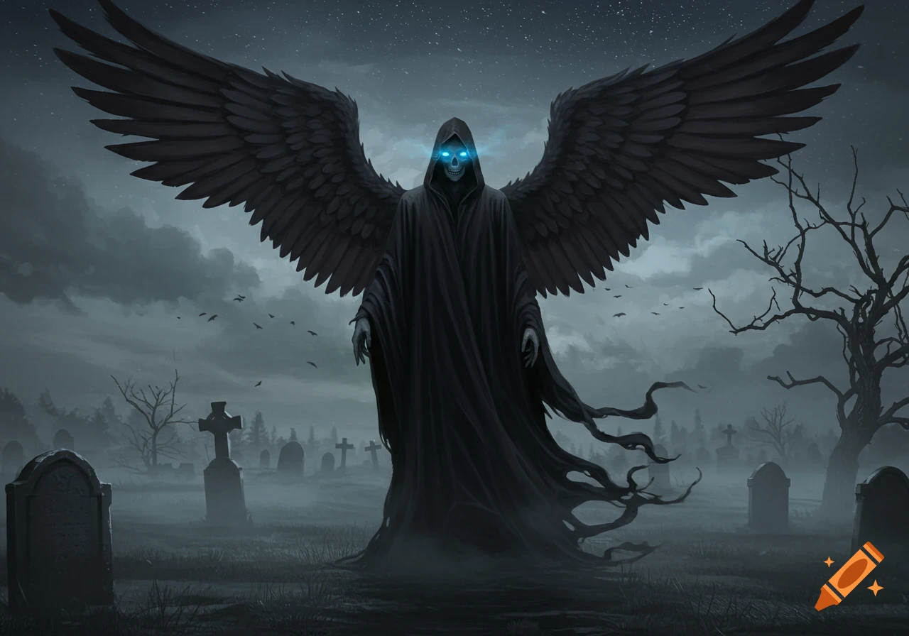 A grim reaper-like figure with large black wings and glowing blue eyes stands in a foggy graveyard under a starry night sky.