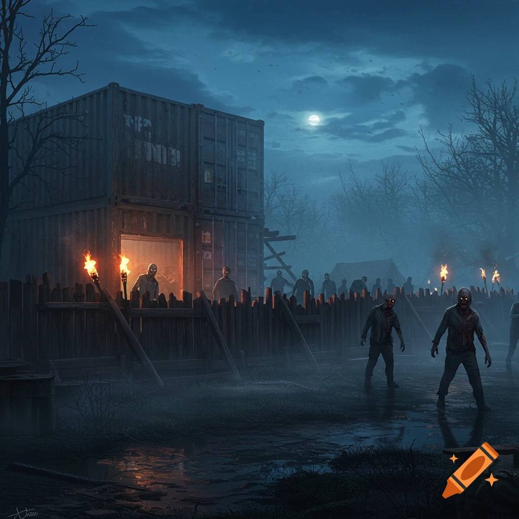 Zombies with glowing eyes approach a torchlit survival camp made of shipping containers and wooden barricades under a full moon.