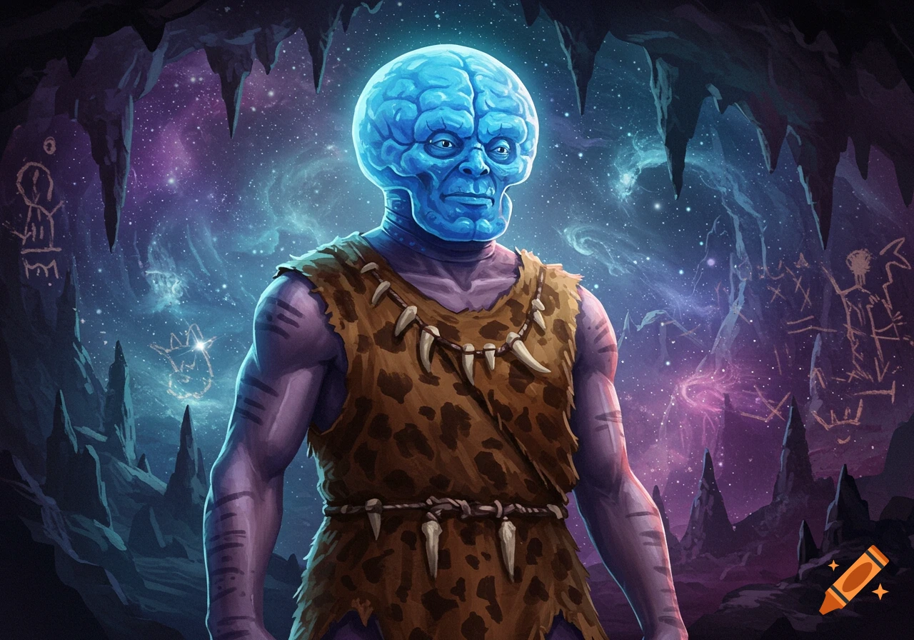 A blue-skinned, brain-headed alien in a leopard print caveman outfit stands in a cosmic cave with pictograms. Digital art.