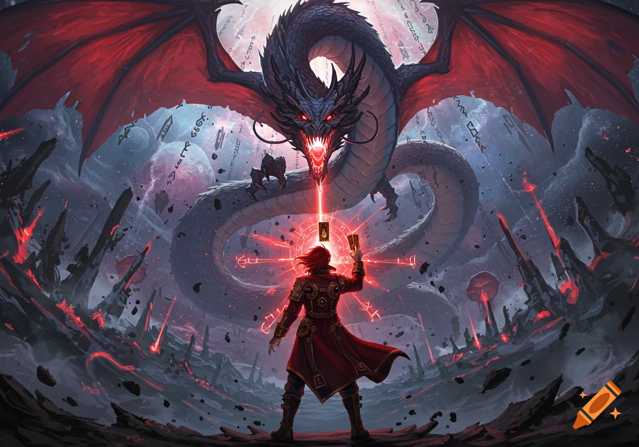 A red-haired warrior in steampunk attire faces a massive dark dragon with red wings, wielding a glowing card in a cosmic battlefield.