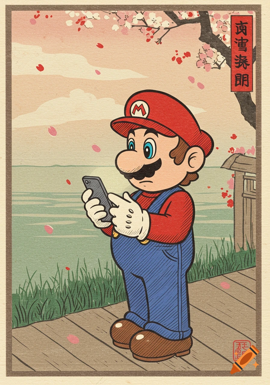 Mario in a Japanese woodblock print style, wearing overalls and a red cap, looking at his smartphone by a body of water with cherry blossoms falling.