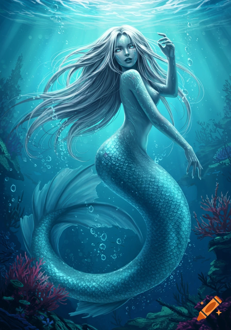 A beautiful mermaid with long white hair and a blue-green scaled tail swims gracefully underwater amidst coral.