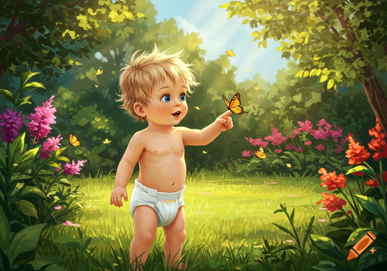 An illustrated toddler in a diaper gently touches a butterfly on their finger in a lush green garden with colorful flowers.