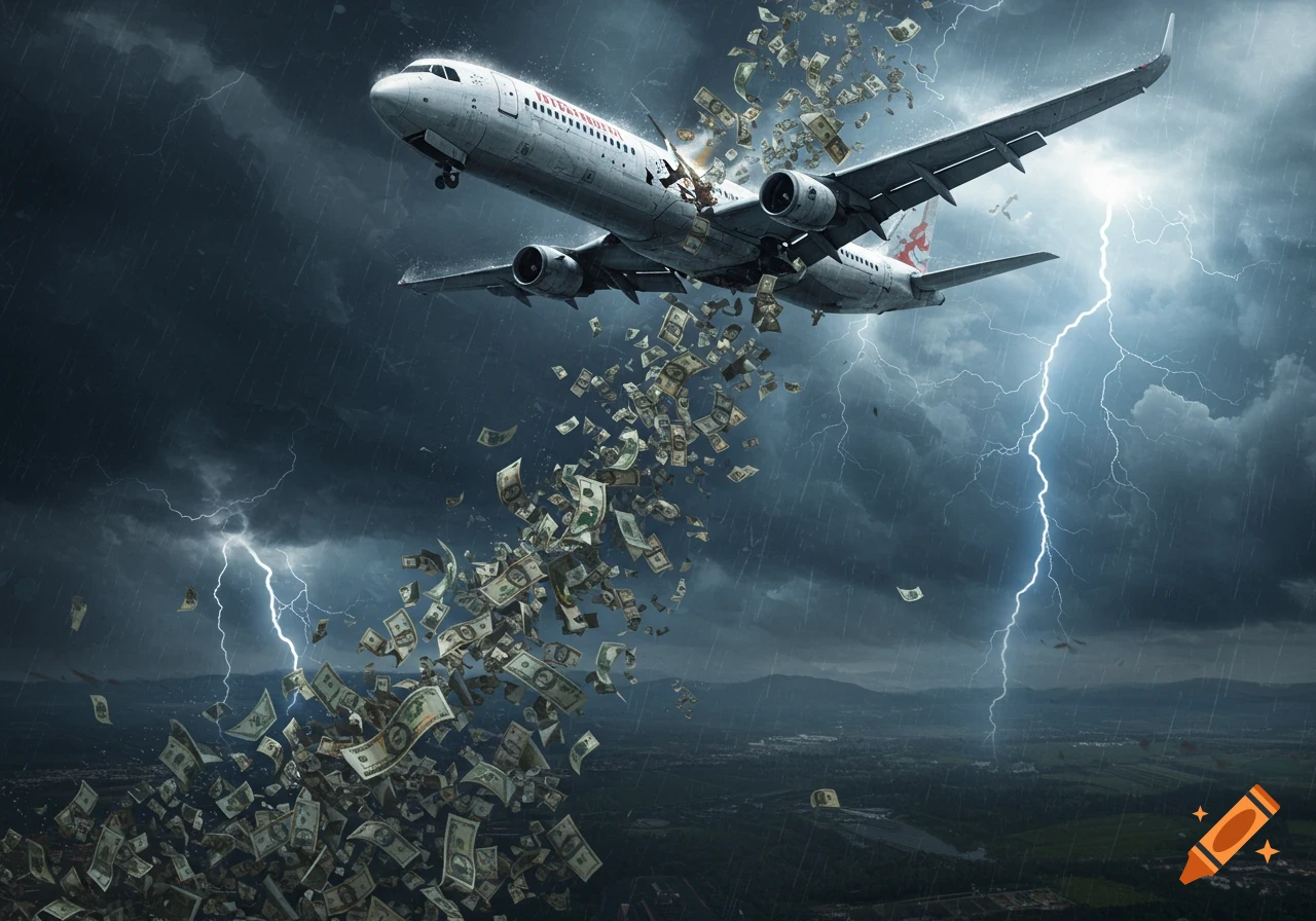 A photorealistic image of a commercial airplane crashing during a thunderstorm, with money bills flying out of the damaged fuselage.