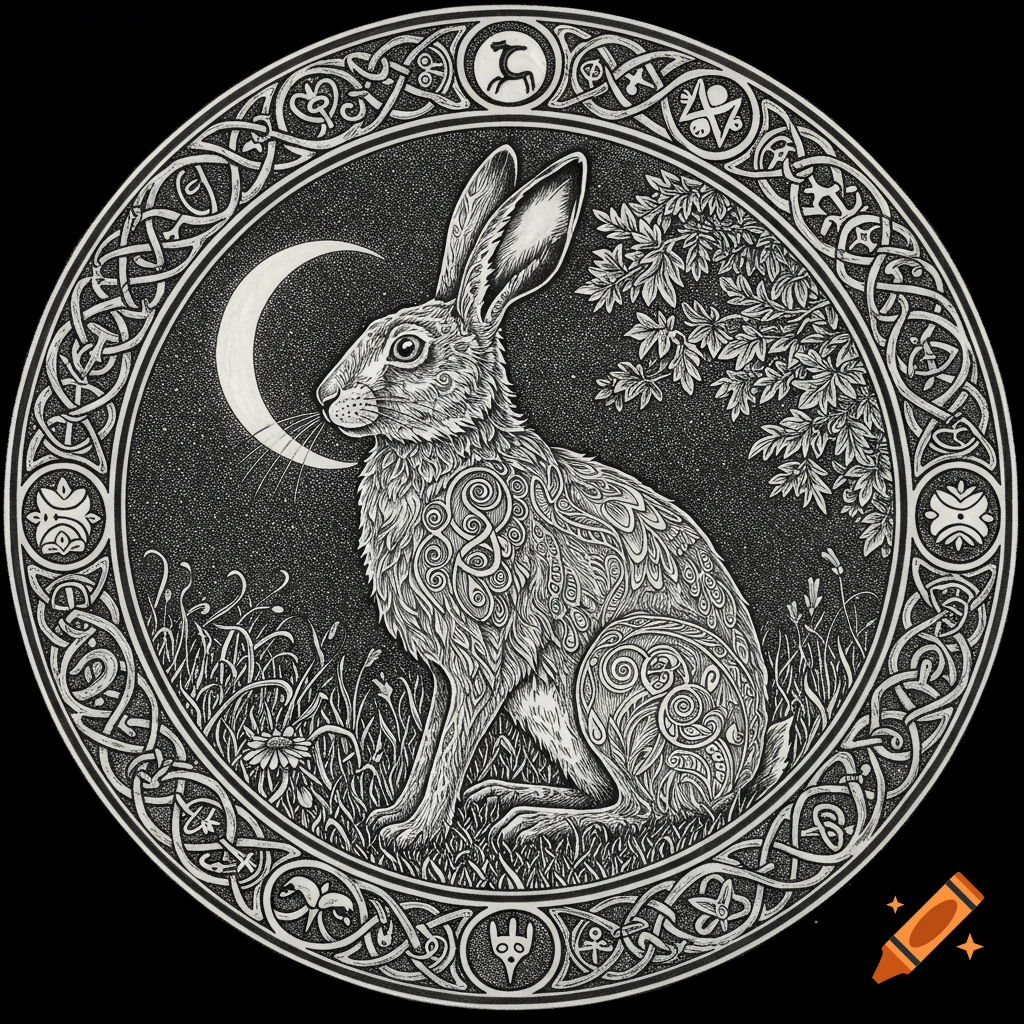 A detailed black and white Celtic knotwork line drawing of a hare sitting under a crescent moon, surrounded by a complex circular border.