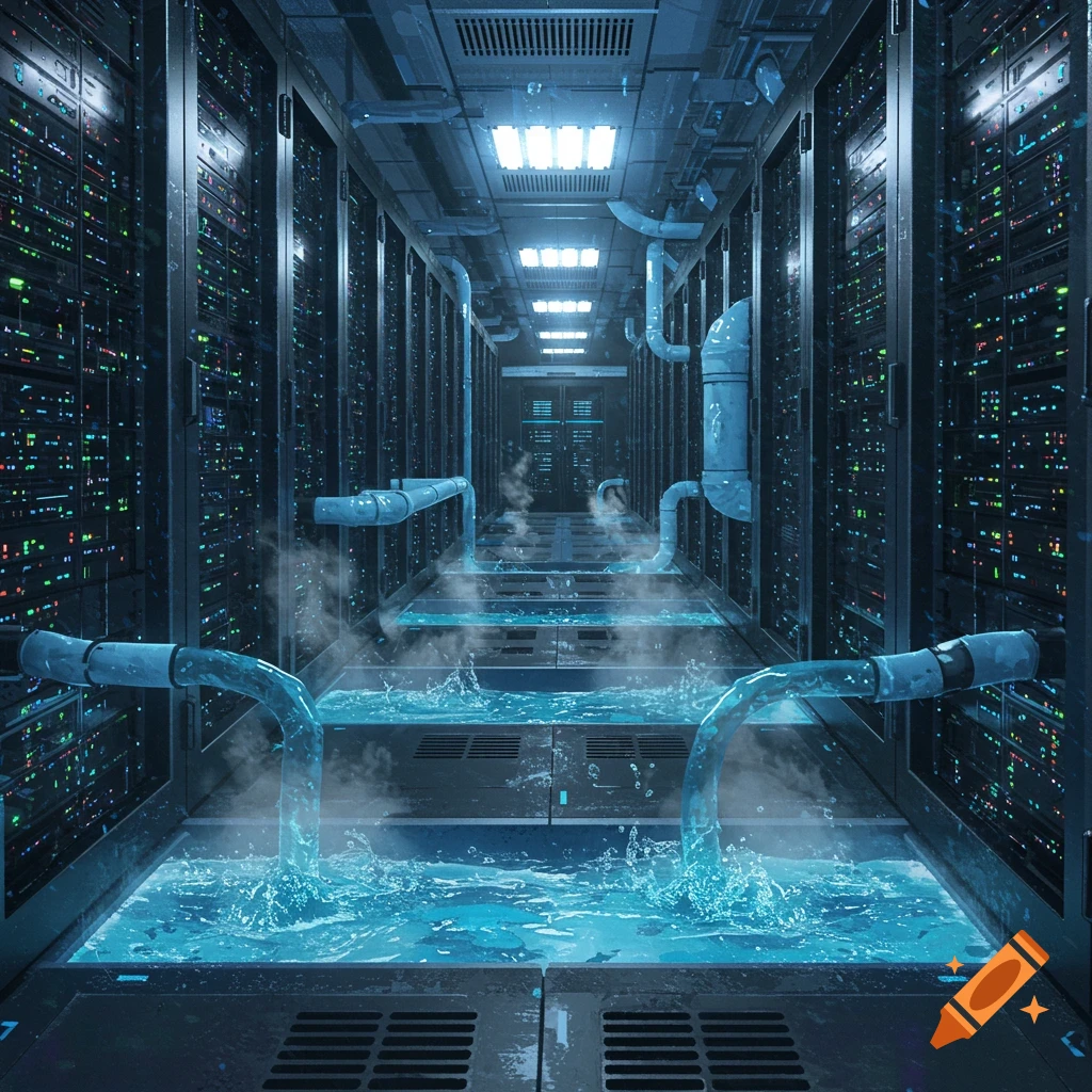 A futuristic data center hallway lined with server racks glowing with blue lights, with water pouring from pipes into pools on the floor, emitting steam.