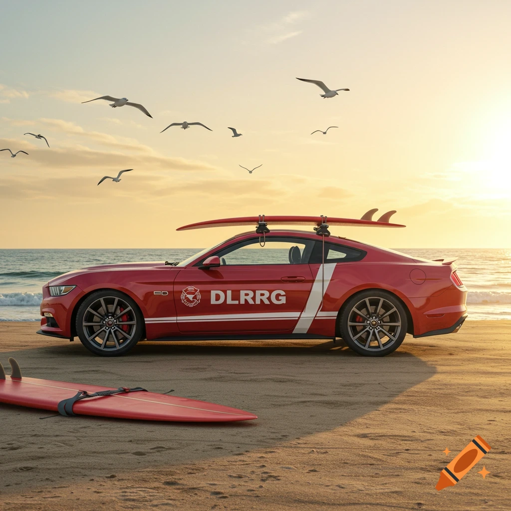 Red Ford Mustang with DLRG logo and surfboards on a sandy beach at sunset, with gulls flying. Photorealistic.