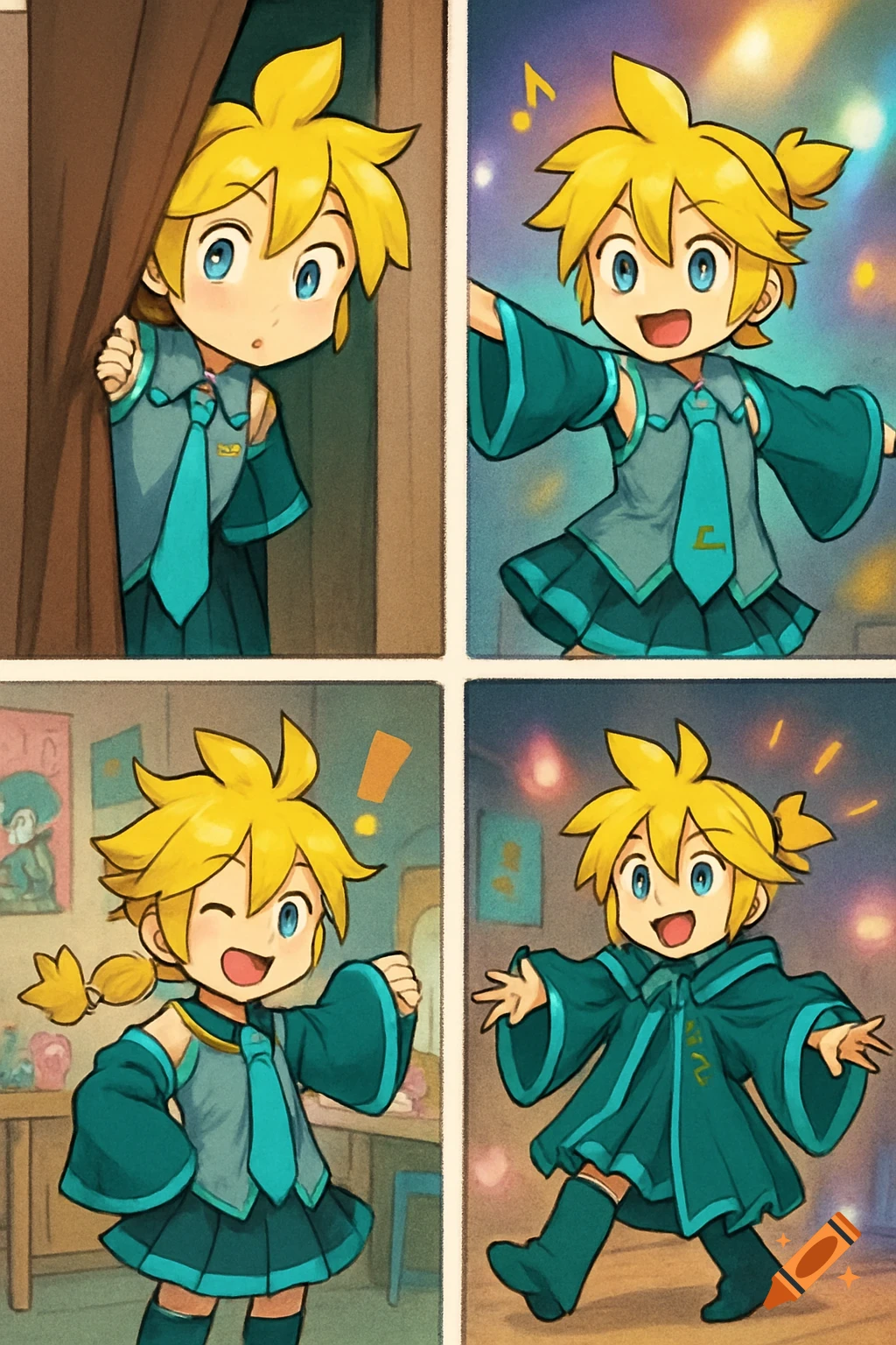 A 4-panel anime comic of Kagamine Len in a teal and grey Hatsune Miku costume, showing curiosity, happiness, and excitement.