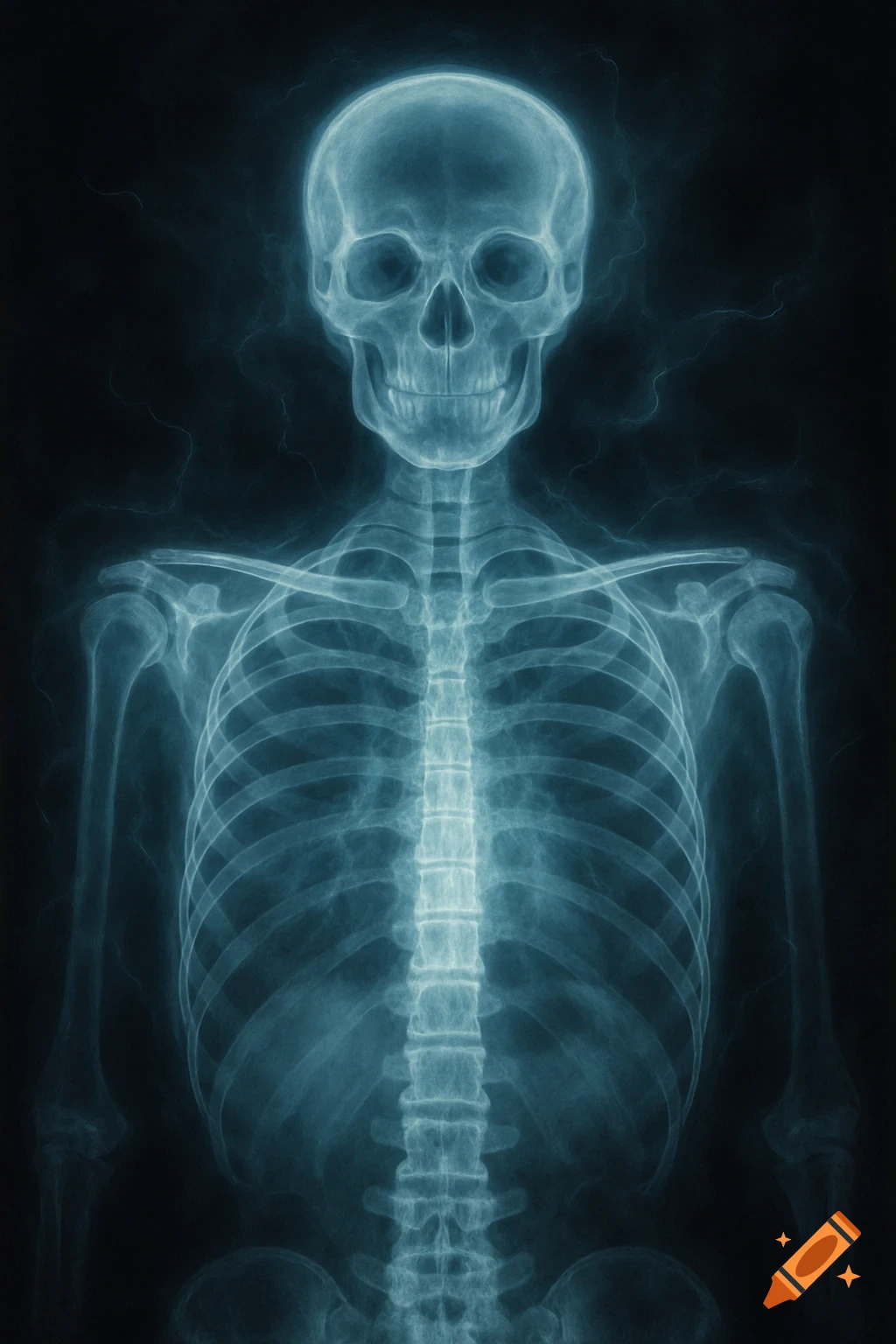 A blue-toned X-ray of a human skeleton, showing the skull, spine, rib cage, and arm bones against a dark background.