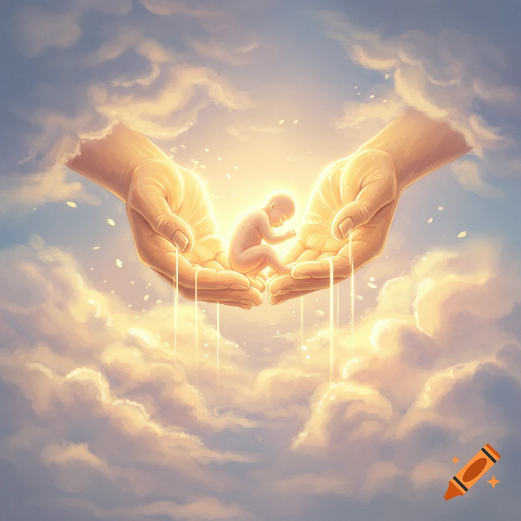 Large, glowing hands cradle a small, luminous baby in a cloudy, heavenly sky, in a digital painting style.
