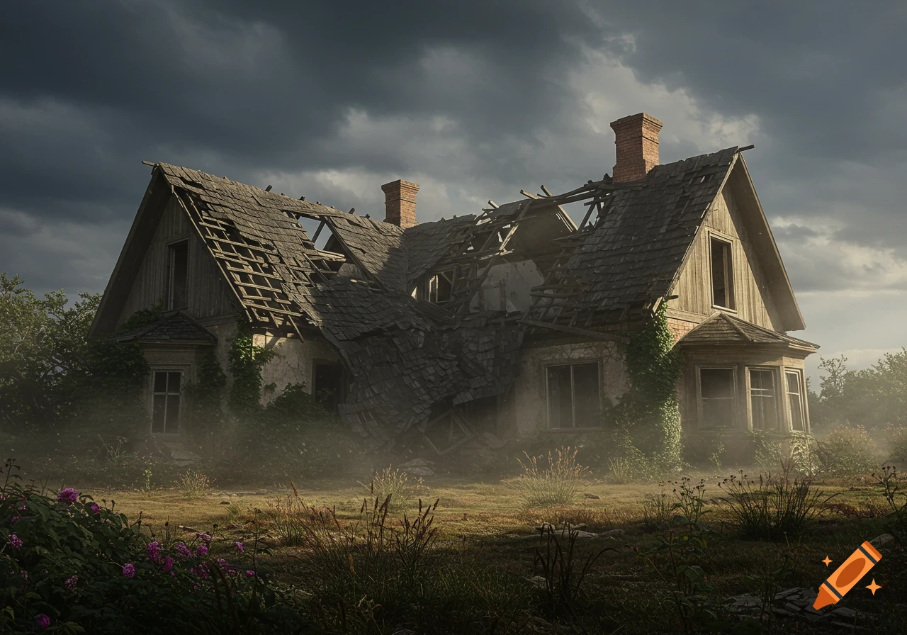A photorealistic image of a decaying, vine-covered house with a collapsed roof against a dark, stormy sky.