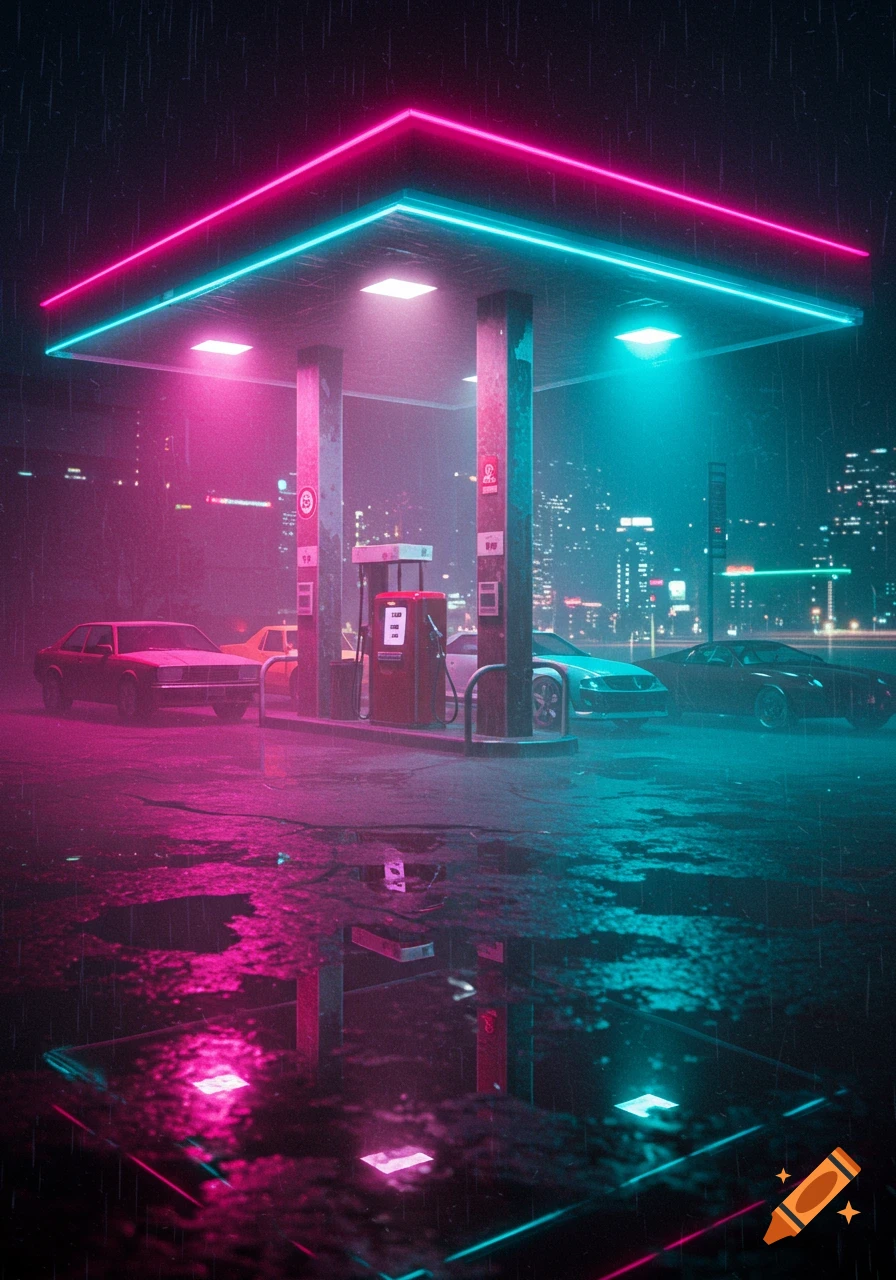 A neon-lit gas station at night, bathed in vibrant pink and cyan light, with classic cars parked in the rain, reflecting off the wet asphalt.