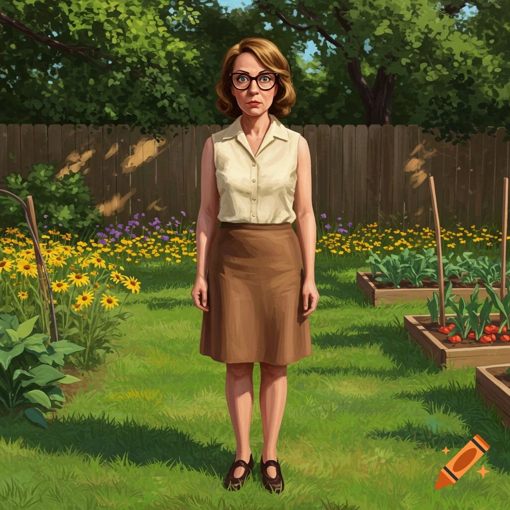 An illustration of a woman resembling Peggy Hill standing in a sunny backyard garden with flowers and raised beds.