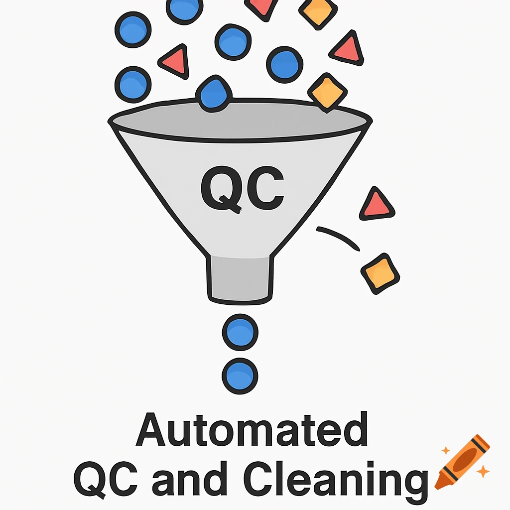 A grey funnel labeled 'QC' filters various colored shapes, allowing only blue circles to pass. Text below reads 'Automated QC and Cleaning'.