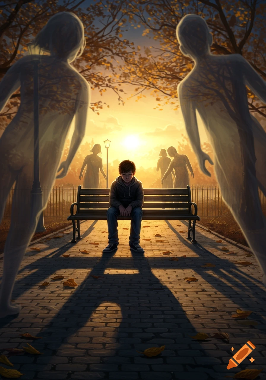An emotional illustration of a sad teenager sitting on a park bench at sunset, surrounded by ghost-like figures.