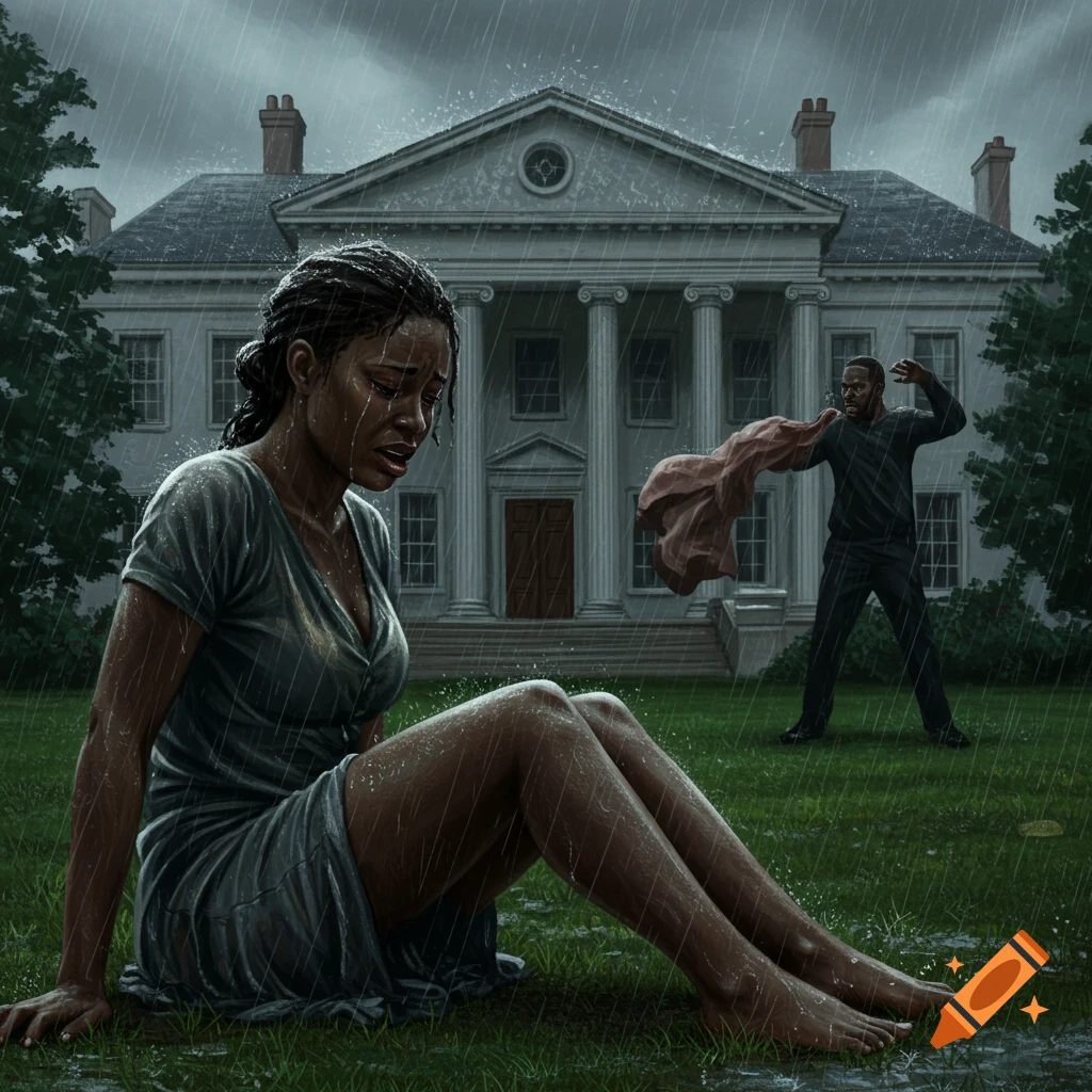 A crying Black woman sits on wet grass in front of a grand mansion in the rain, as a Black man throws her clothes in a dramatic illustration.