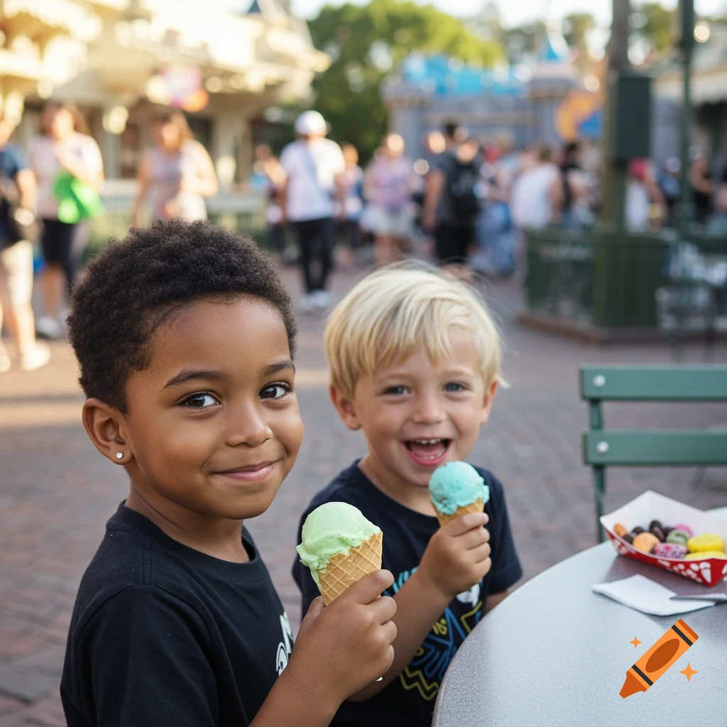 Two happy boys, one with an afro buzzcut and the other blonde-haired, eating ice cream at an outdoor table.