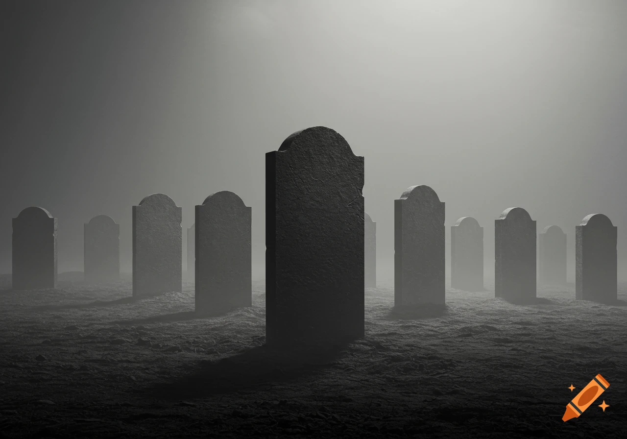 A black and white photo of a foggy graveyard with rows of blank tombstones under a hazy sky.
