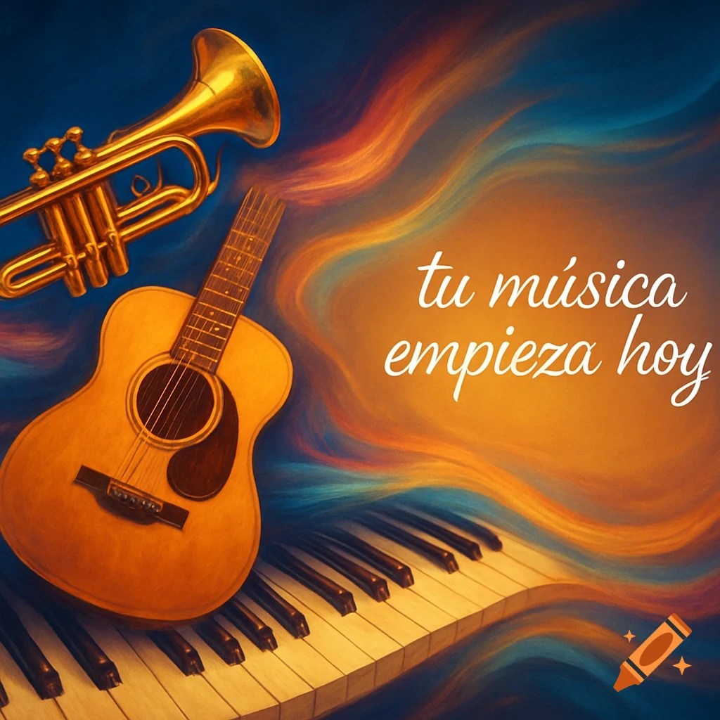 A golden trumpet, acoustic guitar, and piano keys on a vibrant, swirling background with the text 'tu música empieza hoy'.